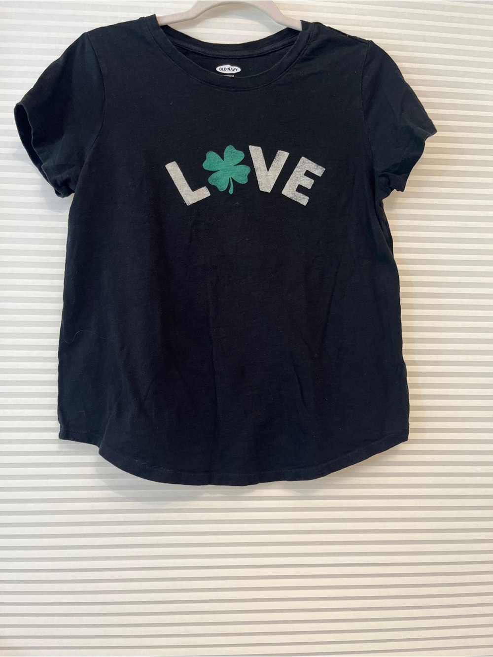 Old Navy Black Tee with Green Clover LOVE Graphic